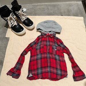Armani Junior Kids Red Plaid Hooded Hope Shirt Size 4